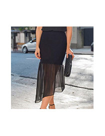 Sexy Black Pure Color Decorated Perspective Irregular Fishtail Skirt