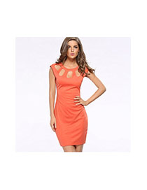 Sexy Orange Pure Color Decorated Hollow Out Neckline Tight Dress