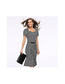 Fashion Black Plover Pattern Decorated Short Sleeve Tight Falbala Fishtail Dress