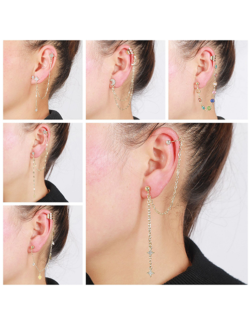 Ear Cuff Con Cadena De Cinco Estrellas Y Diamantes De Aleación