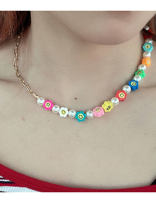 Conjunto De Pulsera De Collar De Cadena De Empalme Con Cuentas De Perlas Sonrientes De Cerámica Suave Colorida