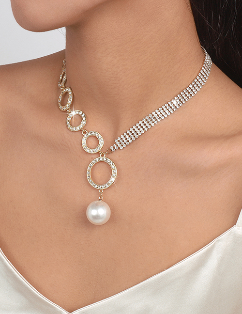 Collar De Perlas Con Anillo Y Cadena De Garra De Diamantes Geométricos