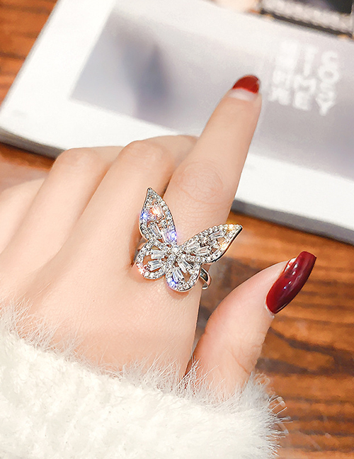 Anillo abierto de mariposa con diamantes de aleación