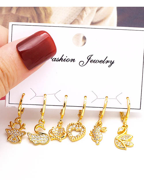 Fashion Gold Bronze Diamond Heart Swan Rabbit Earring Set
