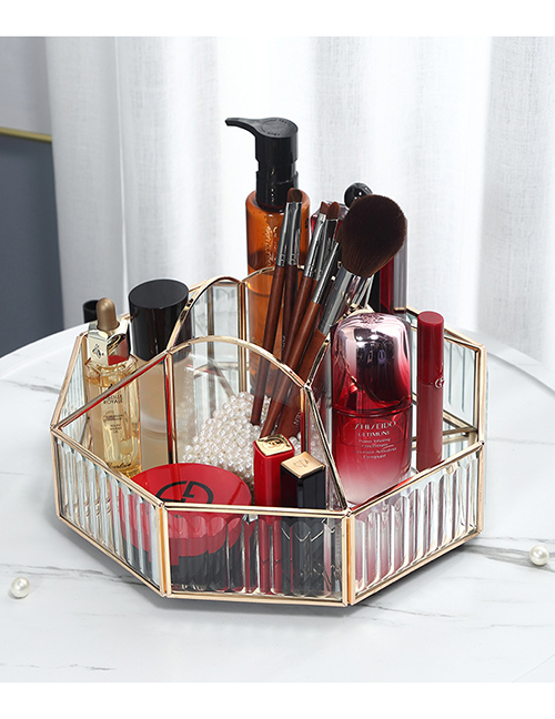 Caja De Almacenamiento De Herramientas De Maquillaje Giratoria Transparente Con Borde De Metal