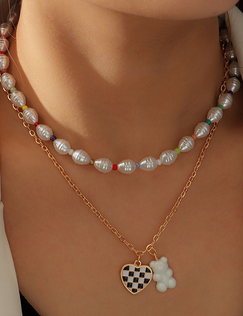 Collar De Doble Corazón Con Diseño De Tablero De Ajedrez Y Perlas De Metal