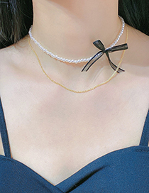 Collar Doble Con Lazo De Perlas Y Cadena De Metal
