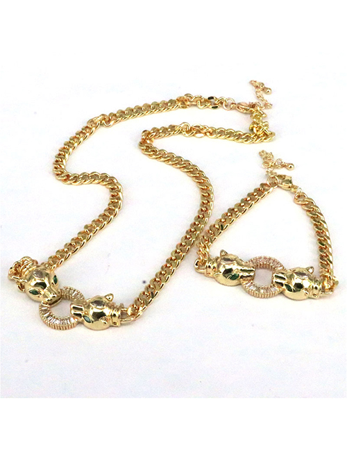 Conjunto De Collar De Pulsera De Cadena De Cabeza De Leopardo De Diamante De Cobre Chapado En Oro