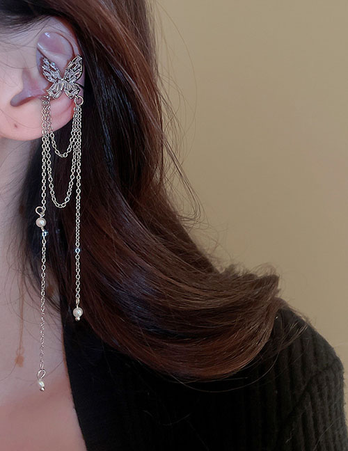 Fashion Ear Clip - Silver (left Ear Single) Alloy Inlaid Zirconium Butterfly Pearl Tassel Ear Cuff Earrings