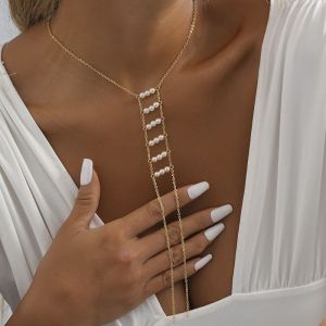 Collar De Cadena Fina Con Perlas De Metal