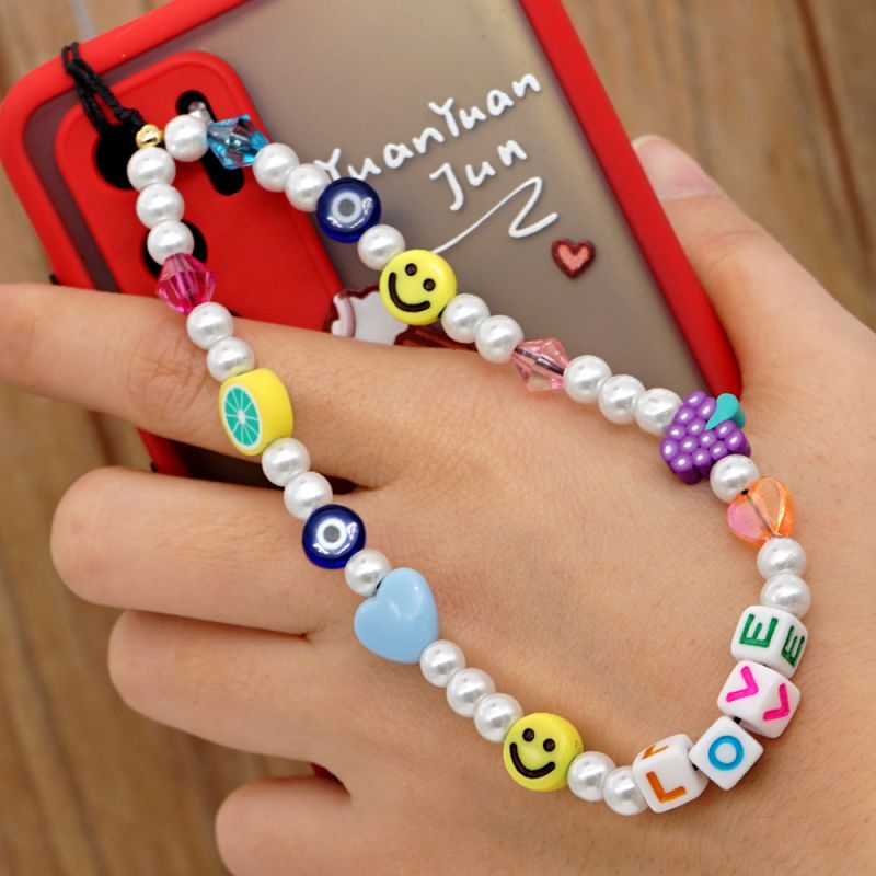 Pearl Slime Eyes Smiley Beaded Alphabet Beads Phone Chain