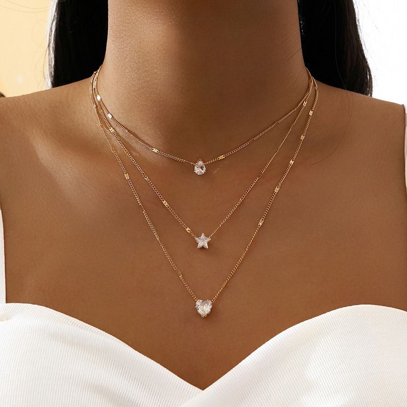 Collar En Capas De Corazón De Estrella De Cinco Puntas Con Diamantes De Metal En Forma De Gota