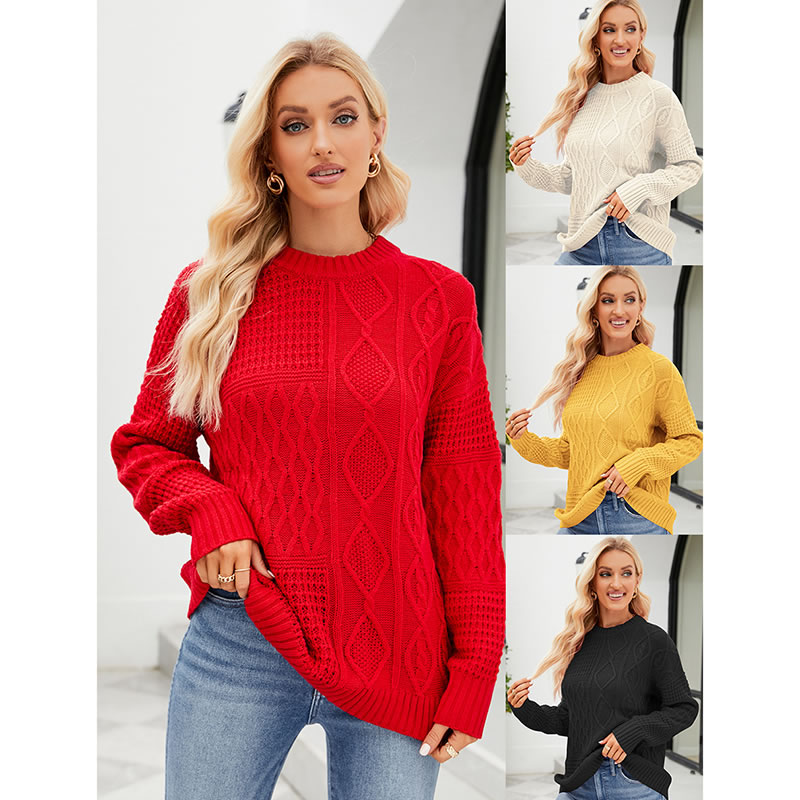 Solid Color Braided Crew Neck Sweater