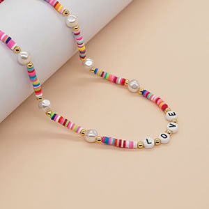 Collar De Cuentas Con Letras Y Perlas De Arcilla Polimérica Con Bloques De Color