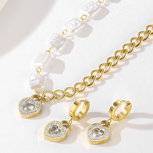 Conjunto De Collar Y Pendientes De Amor De Diamantes Con Cadena De Empalme De Perlas Cuadradas De Acero De Titanio