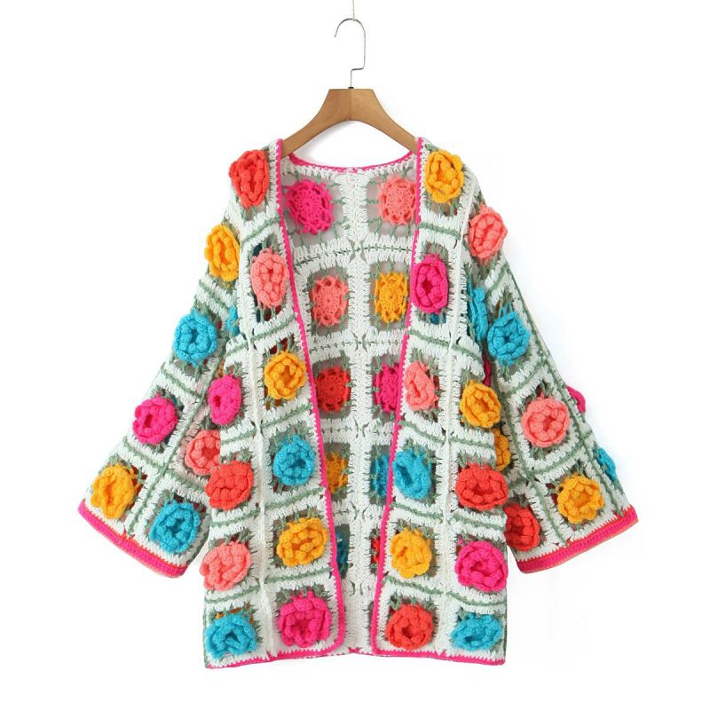 Chaqueta Tipo Suéter De Crochet Con Flores Tridimensionales De Poliéster