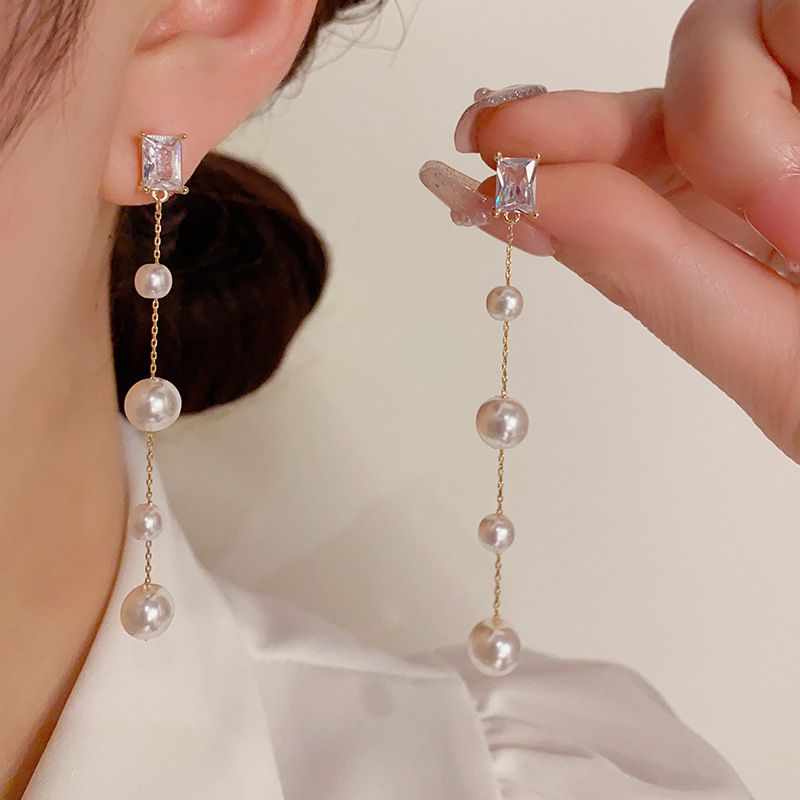 Pendientes De Cobre Con Perlas Y Diamantes Cuadrados