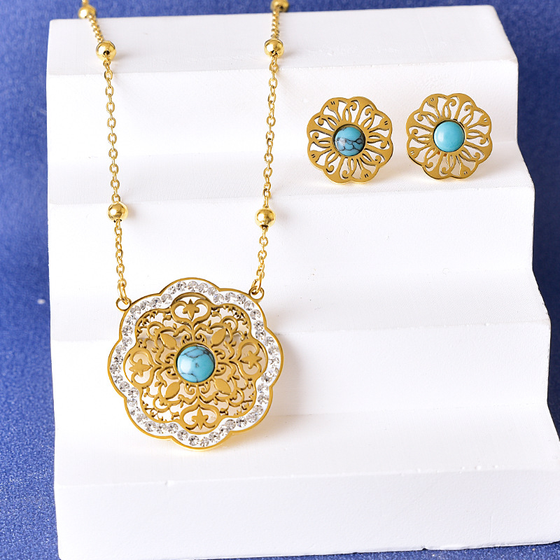 Conjunto De Collar Y Pendientes De Flor De Pino Azul Con Diamantes De Acero Titanio