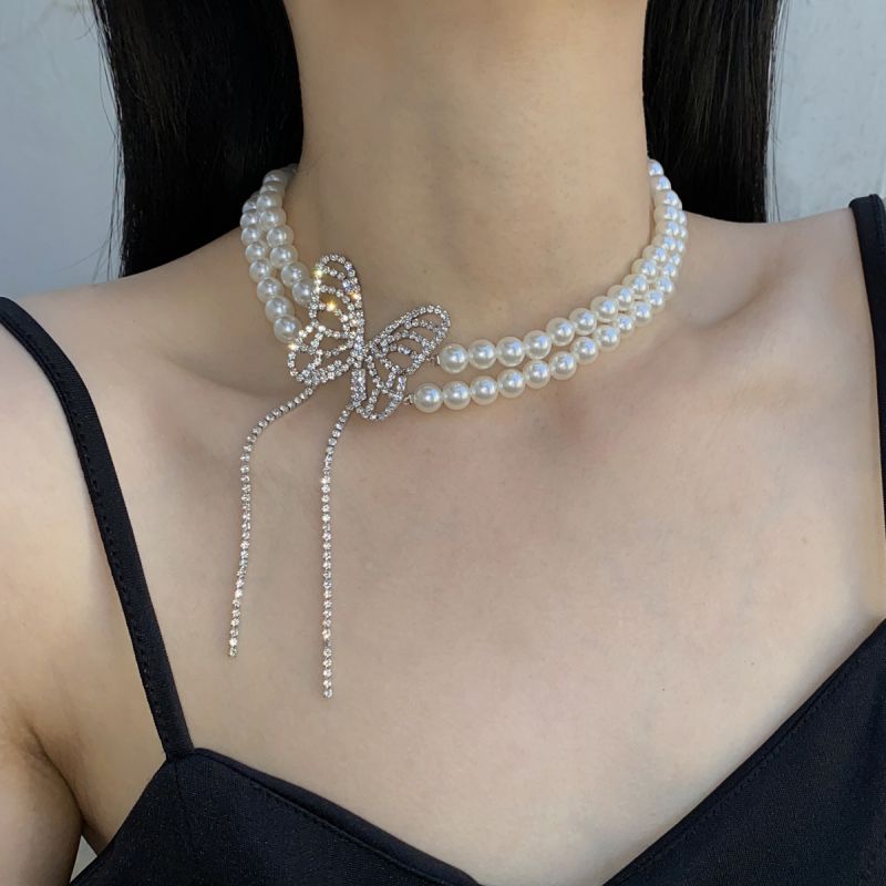 Collar Doble Perla Y Mariposa De Diamantes