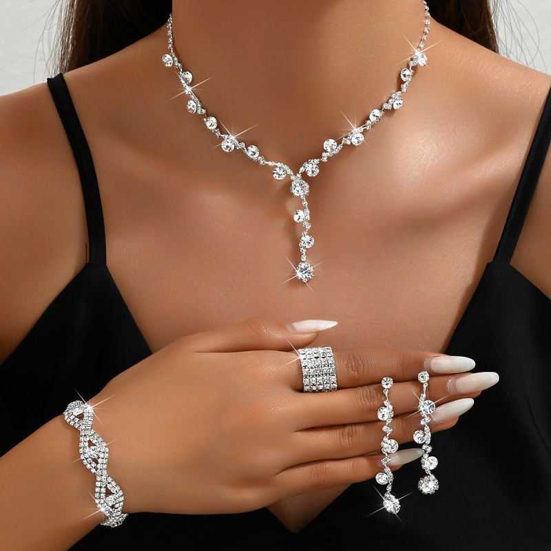 Geometric Diamond Necklace Earrings Bracelet And Ring Set