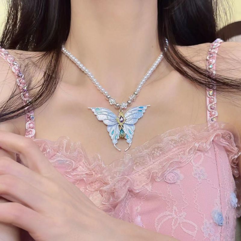 Collar De Mariposas Con Cuentas De Perlas Y Diamantes
