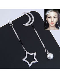 Aretes Asimétricos De Luna Estrella Con Perla
