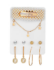 Pentagram Pearl Geometric Necklace Hairpin Earring Set