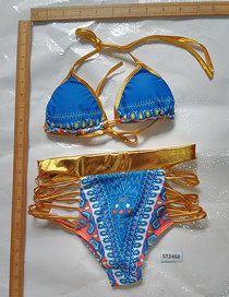 Fashion Gold Halterneck Tie Print Cutout Swimsuit