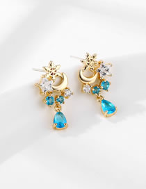 Fashion Golden Blue Water Droplets Copper Inlaid Water Drop Diamond Star Moon Stud Earrings