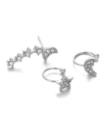 Fashion Silver Color Alloy Full Diamond Star And Moon Earrings Set
