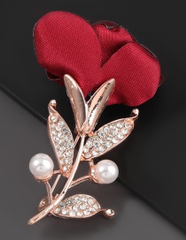 Red Alloy Diamond Pearl Rose Brooch