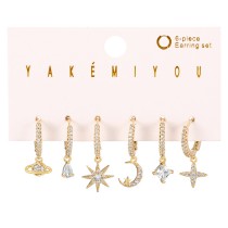 Fashion Gold Set Of 6 Copper Inlaid Zirconia Starburst Crescent Pendant Earrings