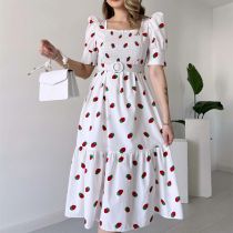 Fashion Strawberry White Print (free Belt) Polyester Printed Square Neck Long Skirt