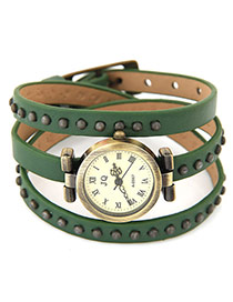Fashion Green Round Shape Dial Plate Decoratde Multilayer Design Leather Ladies Watches