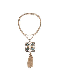 Exaggerate Gold Color Gemstone&tassel Pendant Decorated Double Layer Chain Design Alloy Bib Necklaces