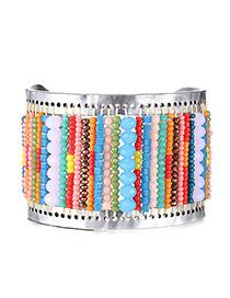 Bohemia Multi-color Beads Weaving Decorated Open Wide Design  Alloy Fashion Bangles