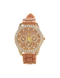 Casual Coffee Diamond & Small Seconds Decorated Round Case Design  Plastic Ladies Watches
