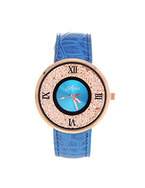 Fashion Sapphire Blue Diamond&letter Decorated Pure Color Design  Pu Ladies Watches