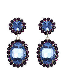 Luxury Blue Big Oval Diamond Decorated Simple Design Alloy Stud Earrings