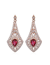 Luxury Rose Red Full Diamond Decorated Waterdrop Shape Design Alloy Stud Earrings