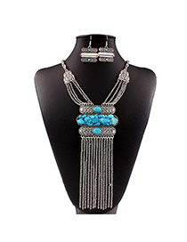 Vintage Blue Multilayer Chains Tassel Pendant Decorated Collar Design Alloy Jewelry Sets