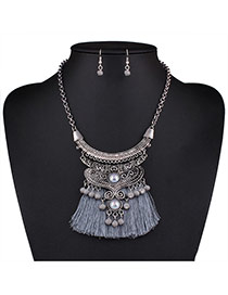 Bohemia Gray Bead Decorated Tassel Nacklace Set