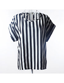 Trendy White+black Vertical Bar Pattern Decorated Short Sleeve Simple T-shirt