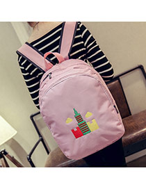 Sweet Pink Embroidery Tower Pattern Decorated Pure Color Backpack