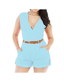 Fashion blue Pure Color Decorated V Neckline Sleeveless Simple Jumpsuit (with Waistbelt)