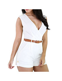 Fashion white Pure Color Decorated V Neckline Sleeveless Simple Jumpsuit (with Waistbelt)