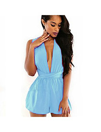 Fashion light blue Pure Color Design V Neckline Sleeveless Simple Chiffon Jumpsuit