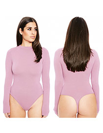 Sexy Pink Long Sleeve Design Pure Color Round Neckline Slim Pantdress