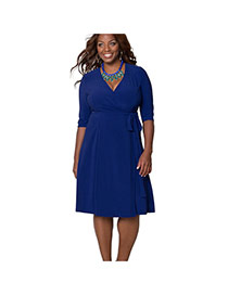 Elegant Blue Pure Color Design V-neckline Three-quaters Sleeve Dress