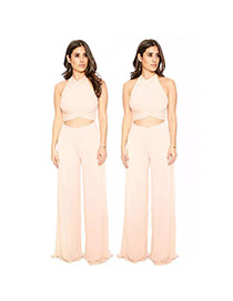 Sexy Khaki Pure Color Decorated Off-the-shoulder Hollow Out Jumpsuits